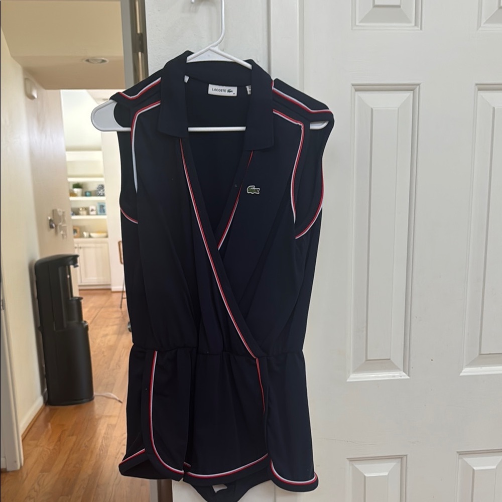 Lacoste Navy Sleeveless Wrap Dress with Pink Trim